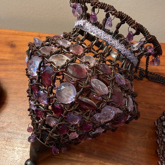 Set of two purple beaded tea light candle holder lantern boho Moroccan Indian - Picture 2 of 7